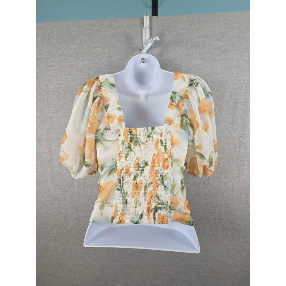Abercrombie‎ & Fitch Peasant Top S Ruched Peach Floral Romantic Puff Sleeve Boho